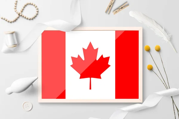Bandera Canadá Marco Madera Sobre Fondo Creativo Blanco Tema Blanco — Foto de Stock