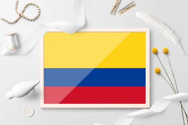 Bandera Colombia Marco Madera Sobre Fondo Creativo Blanco Tema Blanco — Foto de Stock