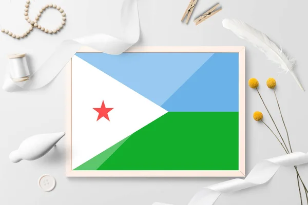 Bandera Djibouti Marco Madera Sobre Fondo Creativo Blanco Tema Blanco — Foto de Stock