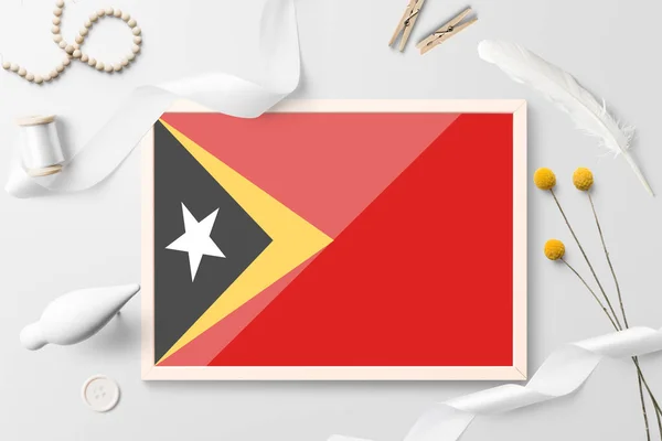 Bandera Timor Oriental Marco Madera Sobre Fondo Creativo Blanco Tema — Foto de Stock