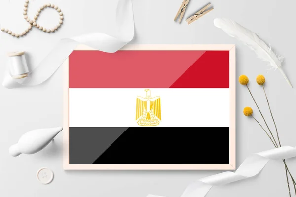Bandera Egipto Marco Madera Sobre Fondo Creativo Blanco Tema Blanco — Foto de Stock