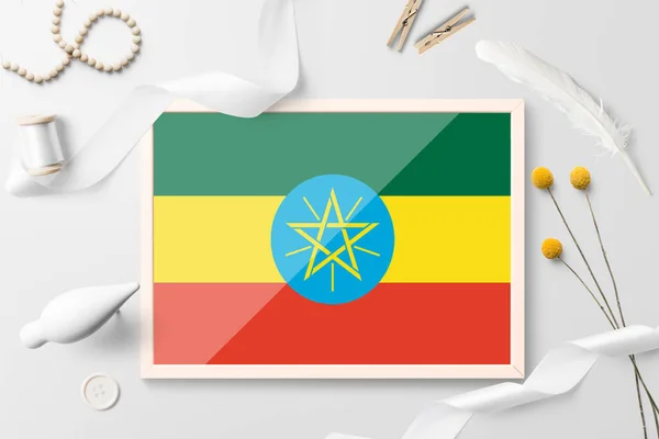 Bandera Etiopía Marco Madera Sobre Fondo Creativo Blanco Tema Blanco — Foto de Stock