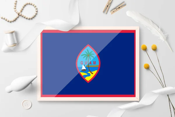 Bandera Guam Marco Madera Sobre Fondo Creativo Blanco Tema Blanco — Foto de Stock