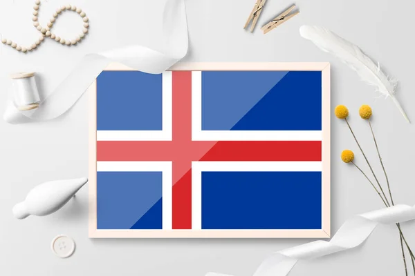 Bandera Islandia Marco Madera Sobre Fondo Creativo Blanco Tema Blanco — Foto de Stock