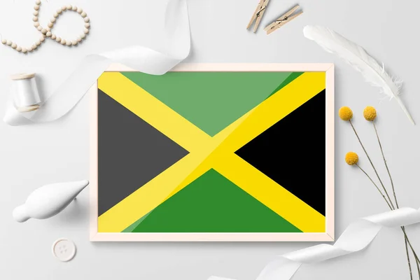Bandera Jamaica Marco Madera Sobre Fondo Creativo Blanco Tema Blanco — Foto de Stock