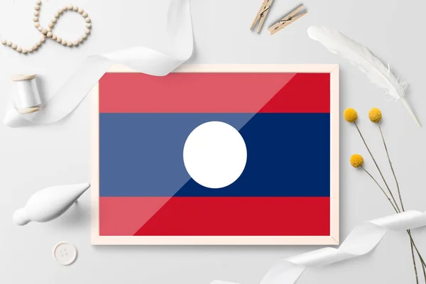 Bandera Laos Marco Madera Sobre Fondo Creativo Blanco Tema Blanco — Foto de Stock