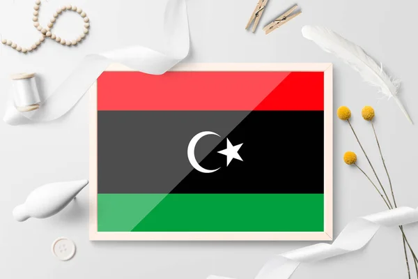 Bandera Libia Marco Madera Sobre Fondo Creativo Blanco Tema Blanco — Foto de Stock