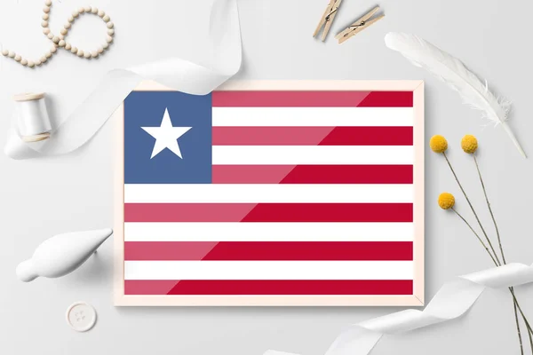 Bandera Liberia Marco Madera Sobre Fondo Creativo Blanco Tema Blanco — Foto de Stock