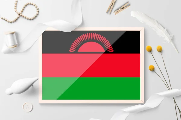 Bandera Malawi Marco Madera Sobre Fondo Creativo Blanco Tema Blanco — Foto de Stock