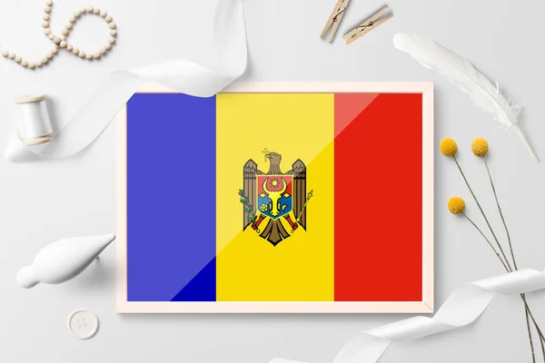 Bandera Moldavia Marco Madera Sobre Fondo Creativo Blanco Tema Blanco — Foto de Stock