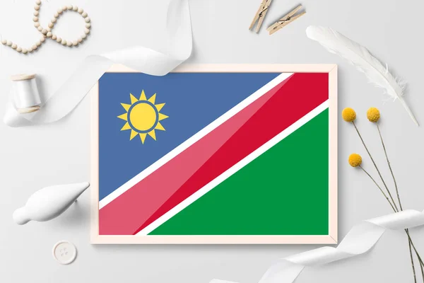 Bandera Namibia Marco Madera Sobre Fondo Creativo Blanco Tema Blanco — Foto de Stock