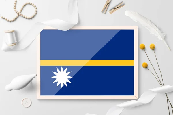 Bandera Nauru Marco Madera Sobre Fondo Creativo Blanco Tema Blanco — Foto de Stock