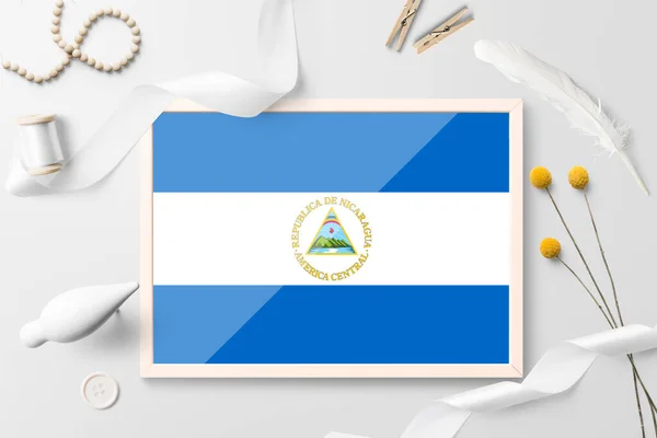 Bandera Nicaragua Marco Madera Sobre Fondo Creativo Blanco Tema Blanco — Foto de Stock