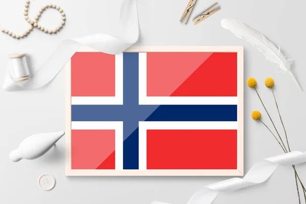 Bandera Noruega Marco Madera Sobre Fondo Creativo Blanco Tema Blanco — Foto de Stock
