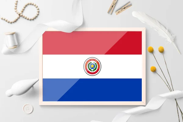 Bandera Paraguay Marco Madera Sobre Fondo Creativo Blanco Tema Blanco — Foto de Stock