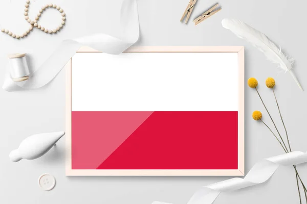 Bandera Polonia Marco Madera Sobre Fondo Creativo Blanco Tema Blanco — Foto de Stock