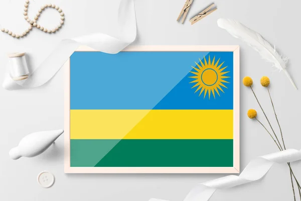 Bandera Ruanda Marco Madera Sobre Fondo Creativo Blanco Tema Blanco — Foto de Stock