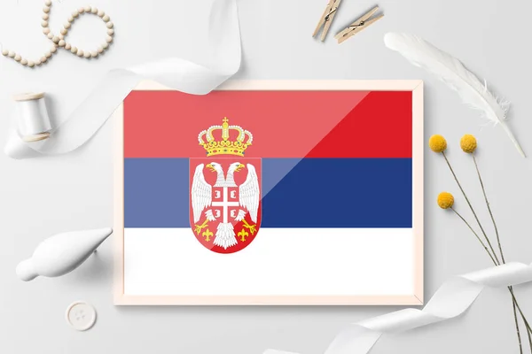 Bandera Serbia Marco Madera Sobre Fondo Creativo Blanco Tema Blanco — Foto de Stock