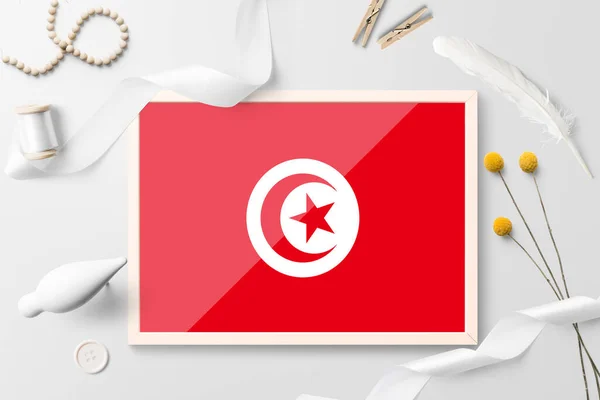 Bandera Túnez Marco Madera Sobre Fondo Creativo Blanco Tema Blanco — Foto de Stock