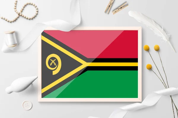 Bandera Vanuatu Marco Madera Sobre Fondo Creativo Blanco Tema Blanco — Foto de Stock