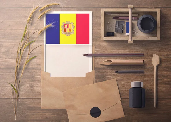 Andorra Invitasjon Feiring Brevkonsept Flagg Med Håndverkspapir Konvolutt Retro Tema – stockfoto