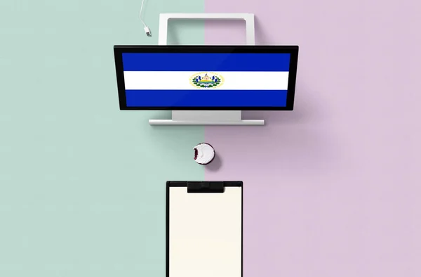 Salvador Nationale Vlag Computerscherm Bovenaanzicht Cupcake Lege Nota Papier Voor — Stockfoto