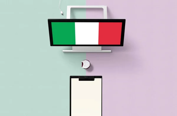 Itálie Národní Vlajka Obrazovce Počítače Horní Pohled Cupcake Prázdný Poznámkový — Stock fotografie