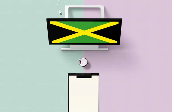 Bandera Nacional Jamaica Pantalla Computadora Vista Superior Cupcake Papel Nota — Foto de Stock