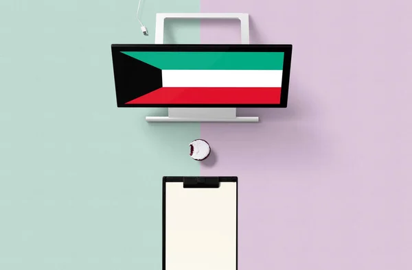 Kuvajtská Národní Vlajka Obrazovce Počítače Horní Pohled Cupcake Prázdný Poznámkový — Stock fotografie