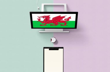 Bilgisayar ekranında ulusal bayrak, top cake ve planlama için boş not kağıdı. Turkuaz ve mor arkaplan içeren en küçük konsept.