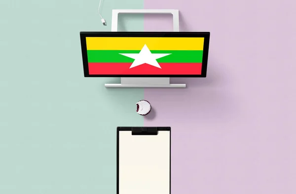 Bandera Nacional Myanmar Pantalla Del Ordenador Vista Superior Cupcake Papel — Foto de Stock