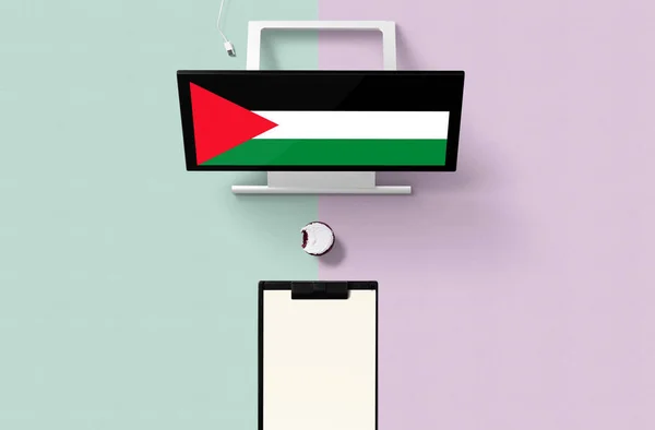Palestina Národní Vlajka Obrazovce Počítače Horní Pohled Cupcake Prázdný Poznámkový — Stock fotografie