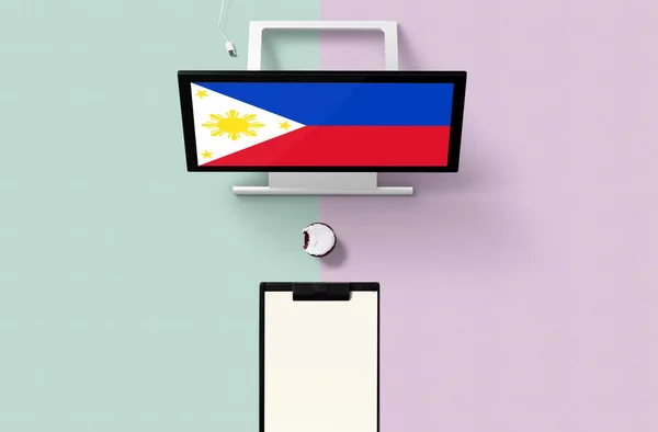 Philippines national flag on computer screen top view, cupcake and empty note paper for planning. Minimal concept with turquoise and purple background.