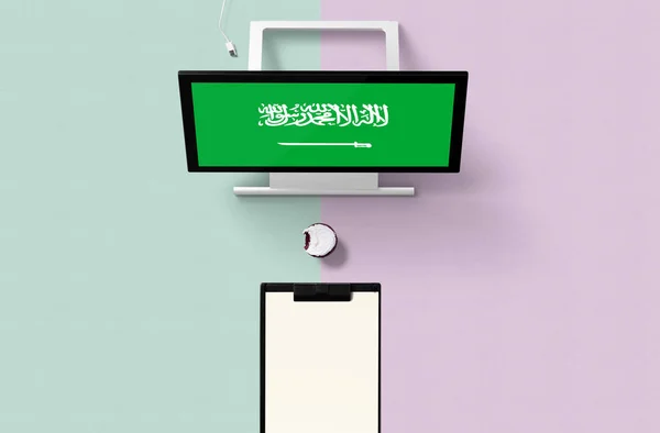 Arabia Saudită Steag Național Ecranul Computerului Vedere Sus Cupcake Hârtie — Fotografie, imagine de stoc