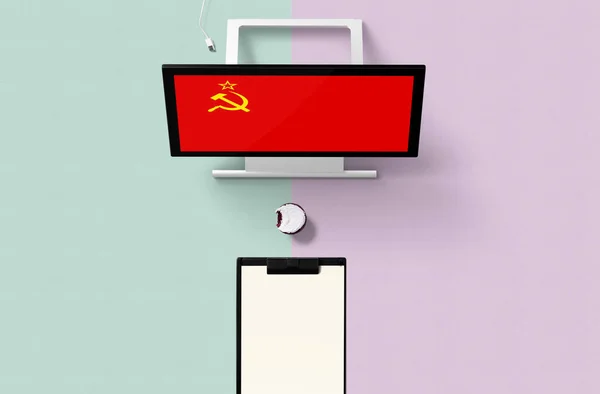 Sovjet Unie Nationale Vlag Computerscherm Bovenaanzicht Cupcake Lege Nota Papier — Stockfoto