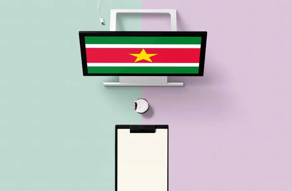 Bandera Nacional Surinam Pantalla Computadora Vista Superior Cupcake Papel Nota — Foto de Stock