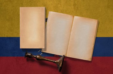 Ecuador vintage historical concept. Retro craft papers and old wooden candlestick on national flag wall background. clipart