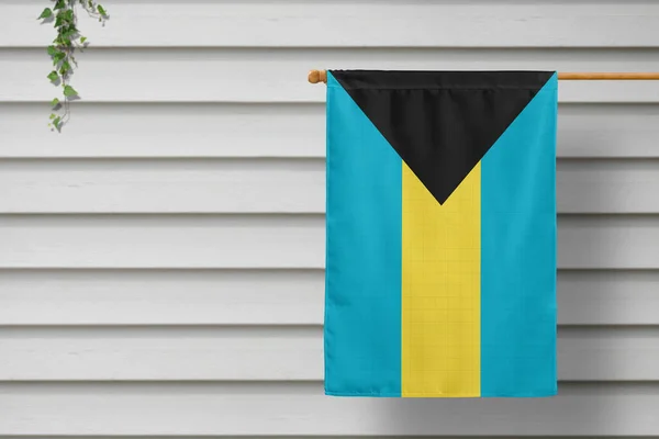 Bandera Nacional Bahamas Cuelga Una Cerca Largo Pared Madera Una — Foto de Stock