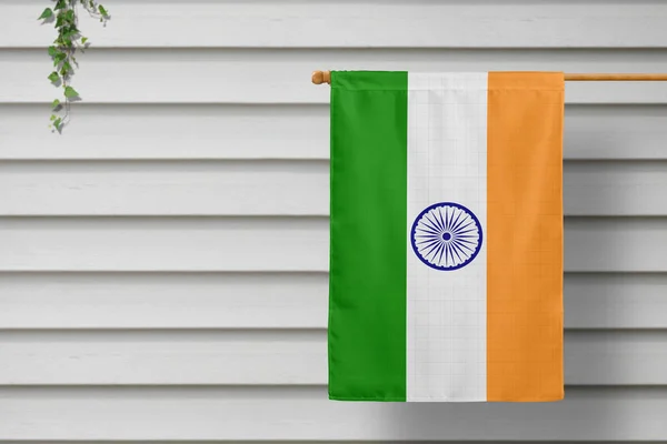 India National Small Flag Hangs Picket Fence Wooden Wall Rural — Stock Photo, Image