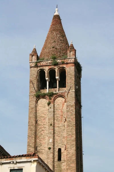 Venice Brick Bell Tower Cone Roof Weeds Walls — Stock Photo, Image