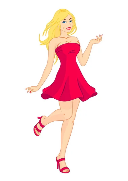 Moda Chica Bonita Vestido Rojo — Vector de stock