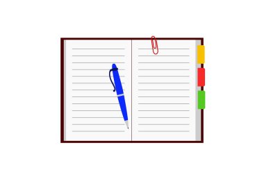 Açık defter ile renkli yer imleri, tükenmez kalem ve klip, ileti örneği office öğe
