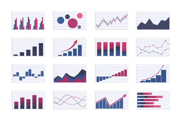 Kleur Business Graph en Chart set. staaf-, lijn-, gebieden-, bubbel-en kandelaar grafieken. analyse grafische vectorafbeeldingen — Stockvector