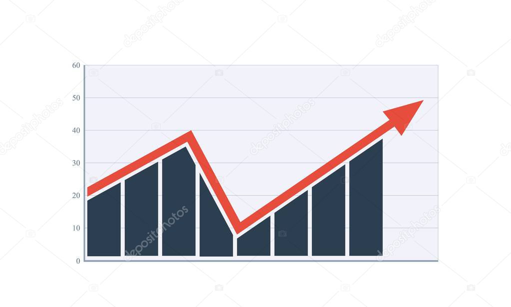 Bar chart with arrow. vector business analytics graph with growing trend in flat style