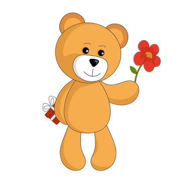 kırmızı çiçek ve hediye ile sevimli oyuncak ayı oyuncak. çocuklar için karikatür vektör görüntü