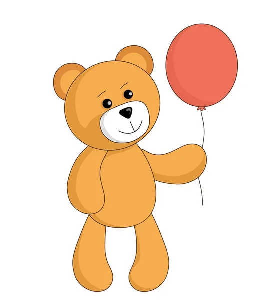 Χαριτωμένο καρτούν αρκουδάκι παιχνίδι με κόκκινο μπαλόνι. Διανυσματική εικόνα για παιδιά — Διανυσματικό Αρχείο