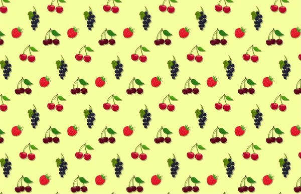 Bezszwowe lato jagody ogród tekstury. tło wektorowe z malin, wiśni, czereśni i czarnej porzeczki — Wektor stockowy