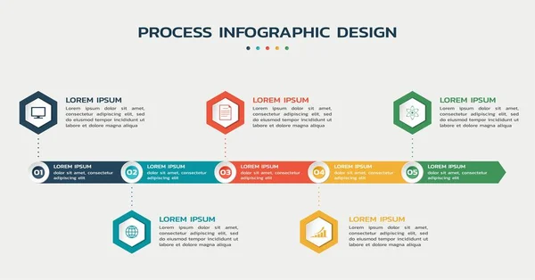 Modèle infographique de processus. organigramme en cinq étapes avec hexagones avec icônes et texte — Image vectorielle