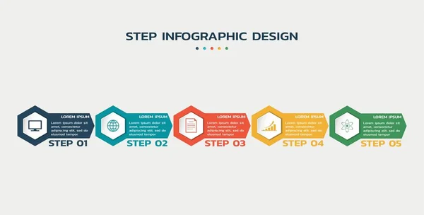 Steps infographic template with hexagons and text. business process flowchart — Stock Vector