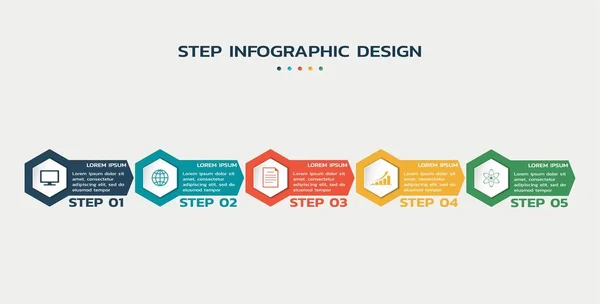 Steps infographic template with hexagons and text. business process flowchart — Stock Vector